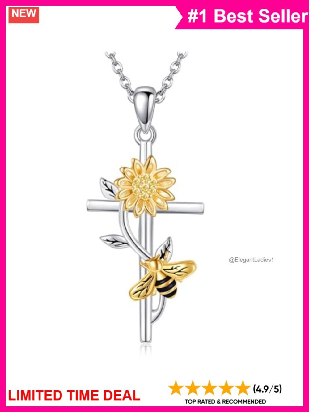S925 Sterling Silver Bee Cross Necklace 18in Christian Faith Jewelry Gift